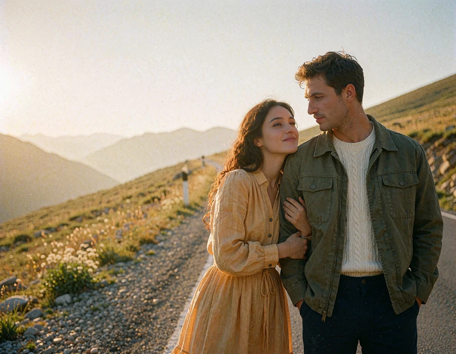 Tajik woman in an amber dress leaning against a Western man beside a quiet mountain road at golden hour