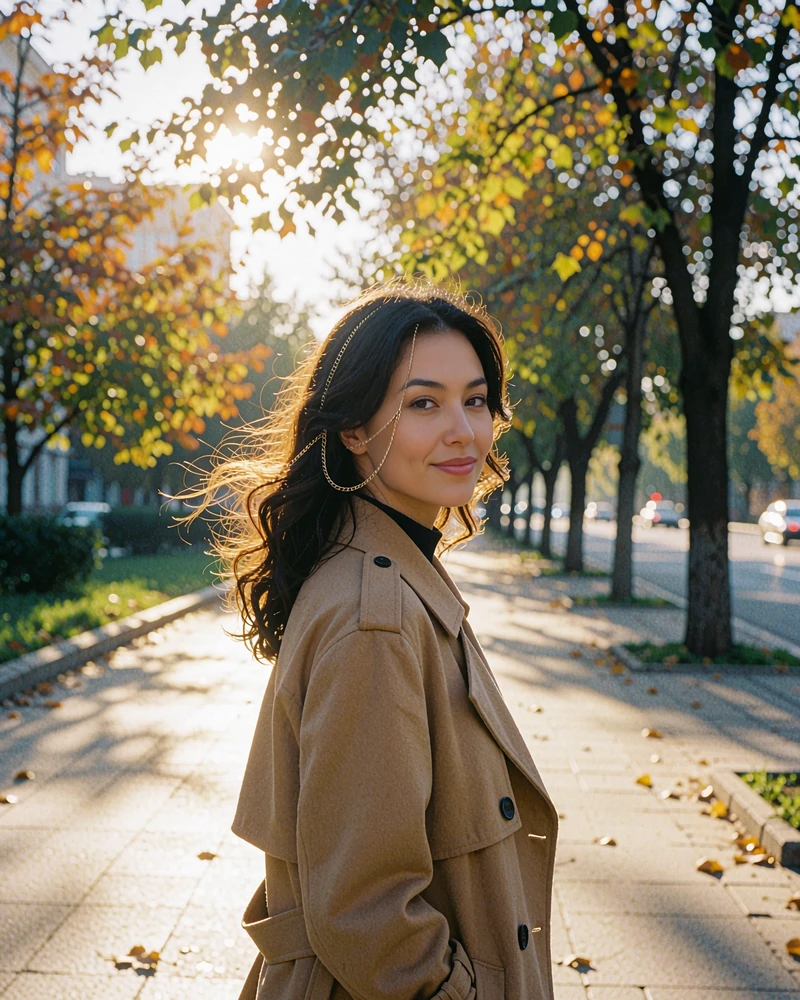 Kyrgyz woman in a camel trench coat walking along a tree-lined promenade and glancing back at the camera