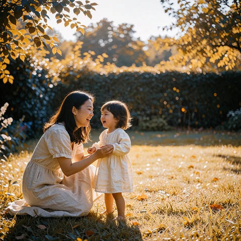 Asian mother kneeling on a sunlit lawn beside her small child, both laughing together