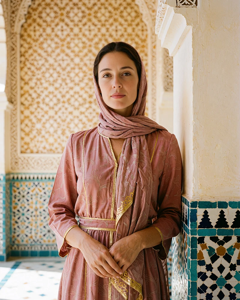 Afghan woman in a dusty rose dress with gold piping standing in a tiled alcove of an elegant interior