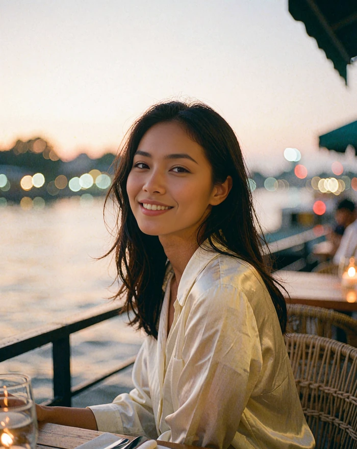 Thai woman with long dark hair in an ivory blouse smiling at a riverside cafe table in the evening light