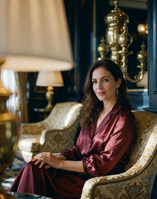 Elegant Jordanian woman in a burgundy silk dress seated in a luxurious hotel lobby armchair