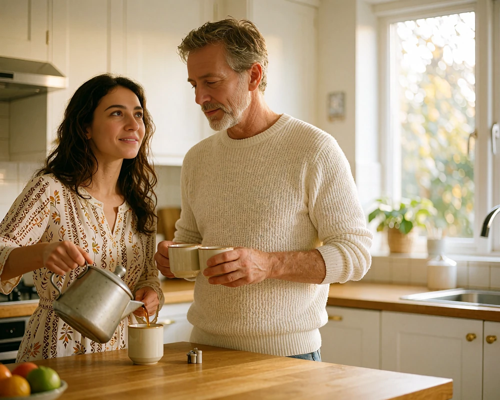Afghan woman and a Western man preparing tea together at a bright kitchen counter