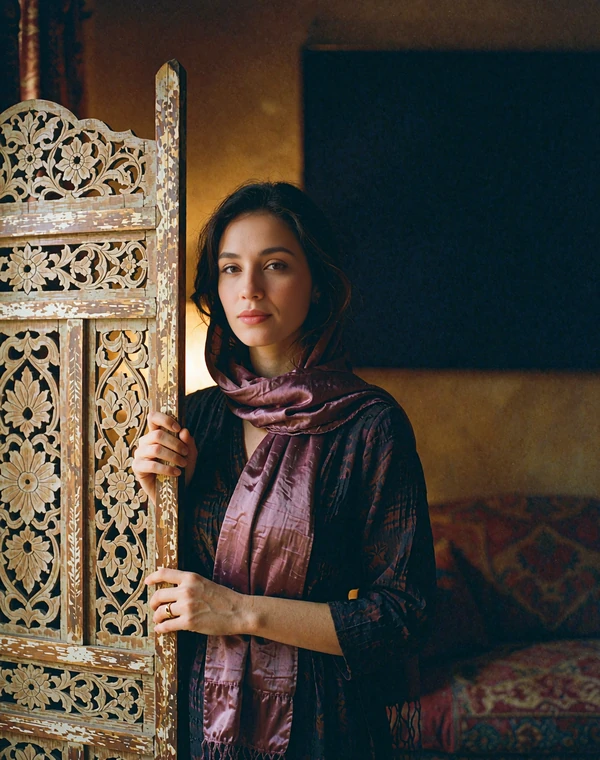 Yemeni woman in a plum-toned scarf standing beside a carved wooden screen in warm interior light