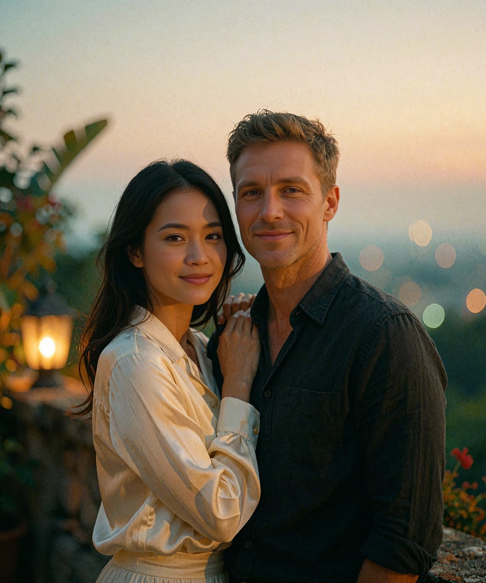 Myanmar woman in an ivory silk blouse standing beside a Western man on a quiet hotel terrace at dusk