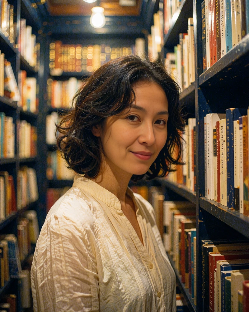 Korean woman with softly waved hair in a cream blouse standing among bookshelves in a quiet Seoul bookshop