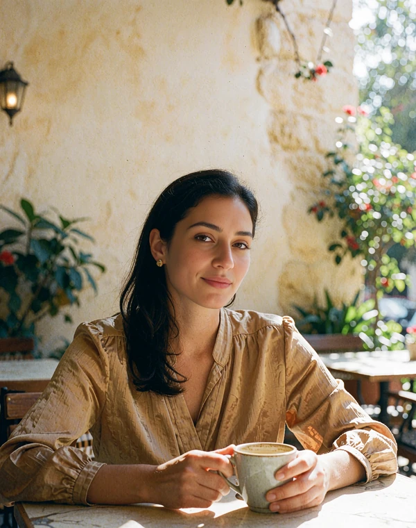 Smiling Jordanian woman in a camel blouse seated at a sunlit café terrace table in Amman