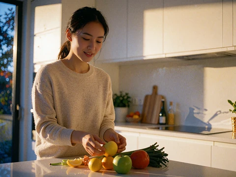 Young Asian woman unpacking groceries into a bright modern Western kitchen while settling into a new home