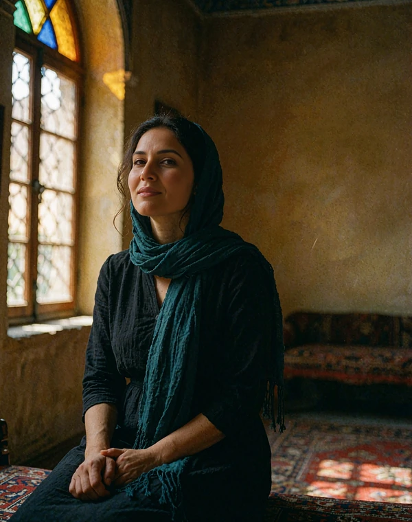 Yemeni woman in a deep teal scarf seated beside an arched window with amber light