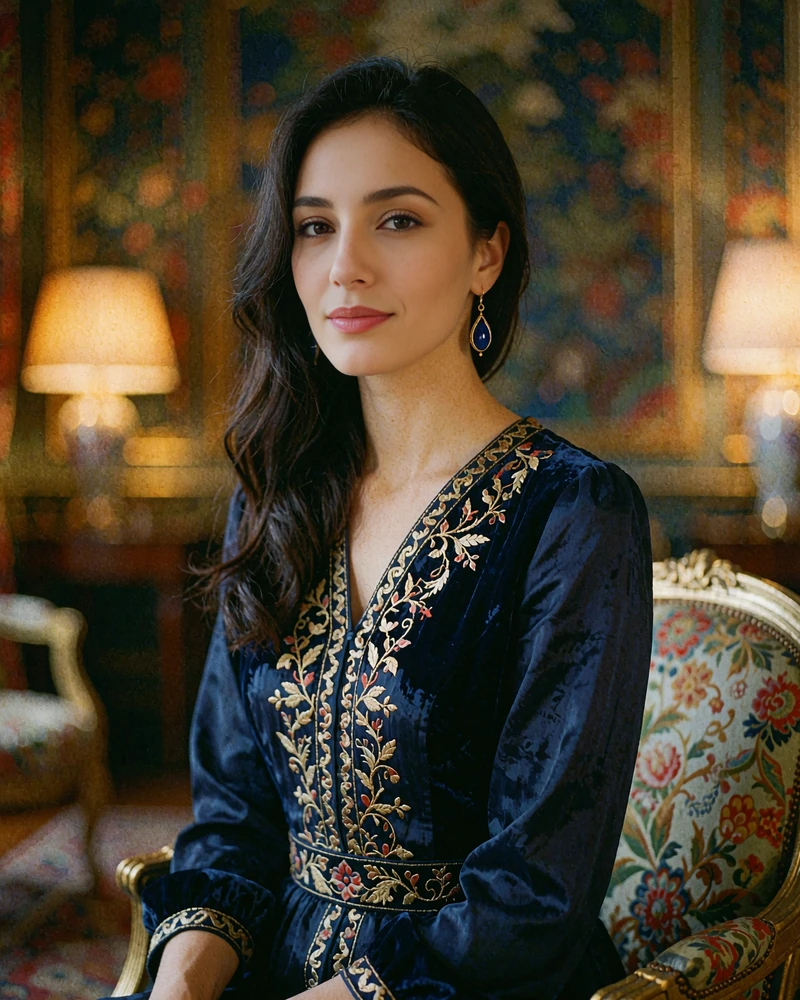 Turkmen woman in a midnight-blue embroidered dress seated in a softly lit evening lounge