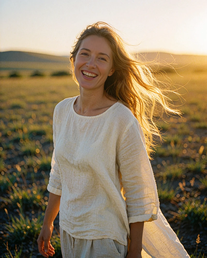 Mongolian woman in a cream blouse laughing on open grassland at golden hour