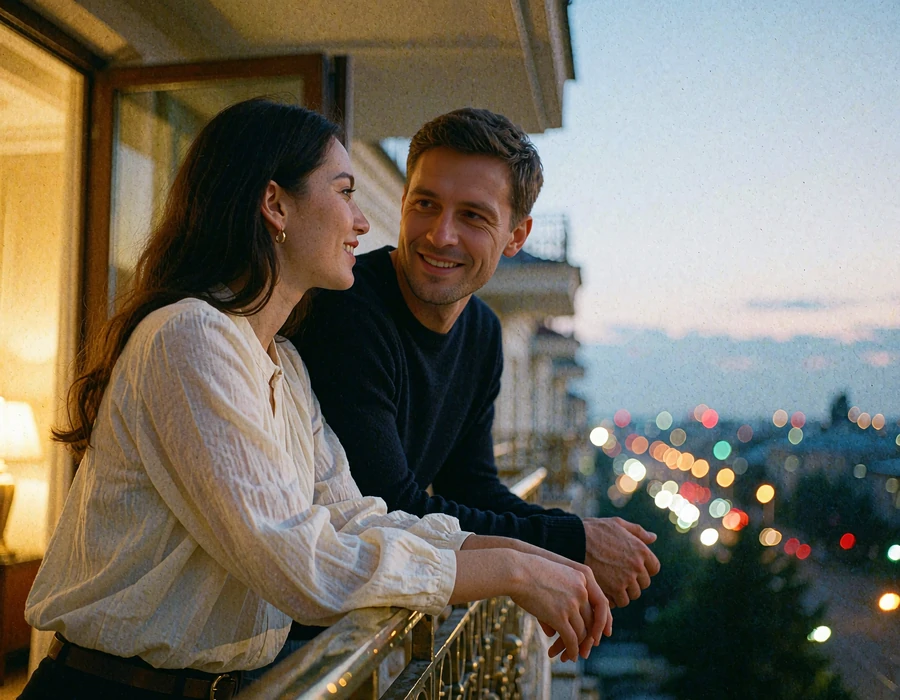 Couple leaning on a hotel balcony railing at dusk, a Kyrgyz woman in a white blouse sharing a quiet smile with a Western man