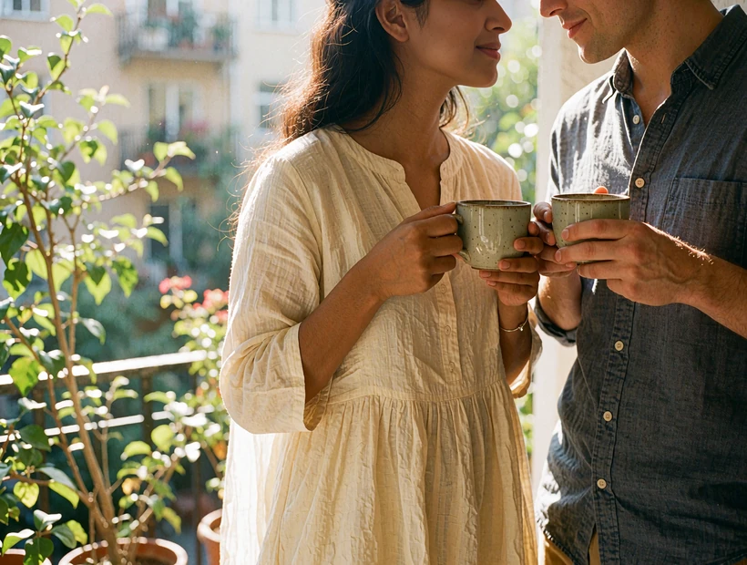 South Asian woman in a light cotton kurta sharing morning coffee with a Western man on a sunlit apartment balcony