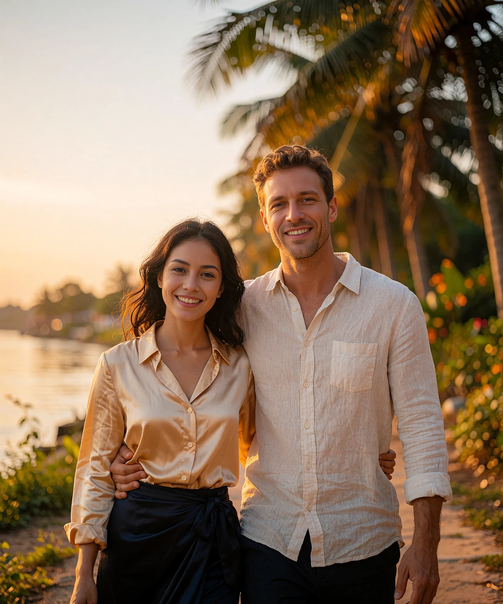 Cambodian woman in a soft gold silk blouse walking arm in arm with a Western man along a palm-lined riverside path at sunset