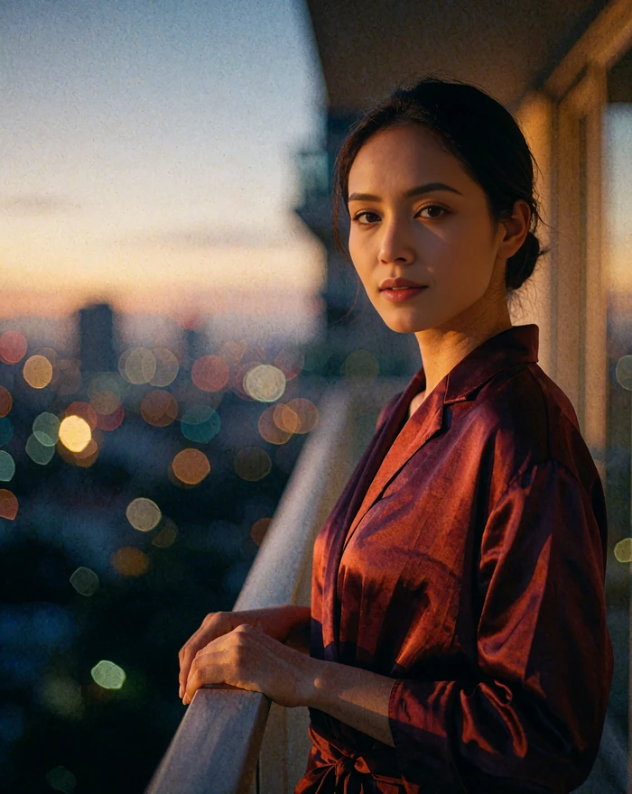 Myanmar woman in a burgundy silk top standing on an apartment balcony at dusk with a composed smile