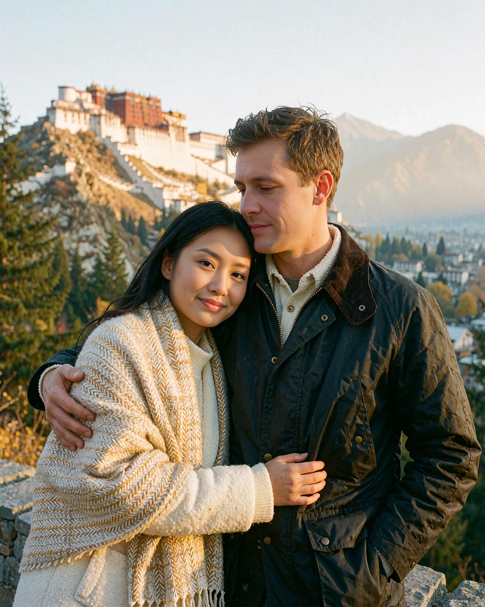 Himalayan woman in a woven wrap and cream jacket leaning against a Western man at a valley overlook in late afternoon light