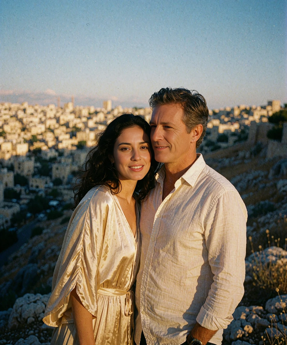 Jordanian woman in a sand-colored dress and a Western man smiling together at a hillside overlook above a limestone city