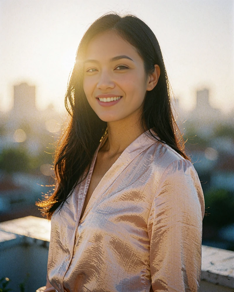 Taiwanese woman in soft daylight on a rooftop terrace with a relaxed, confident expression