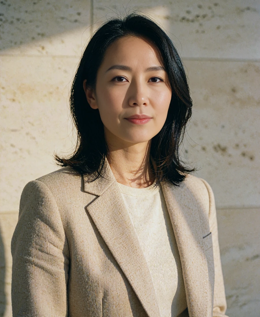 Polished Korean woman in a beige blazer with a composed smile in a minimalist interior