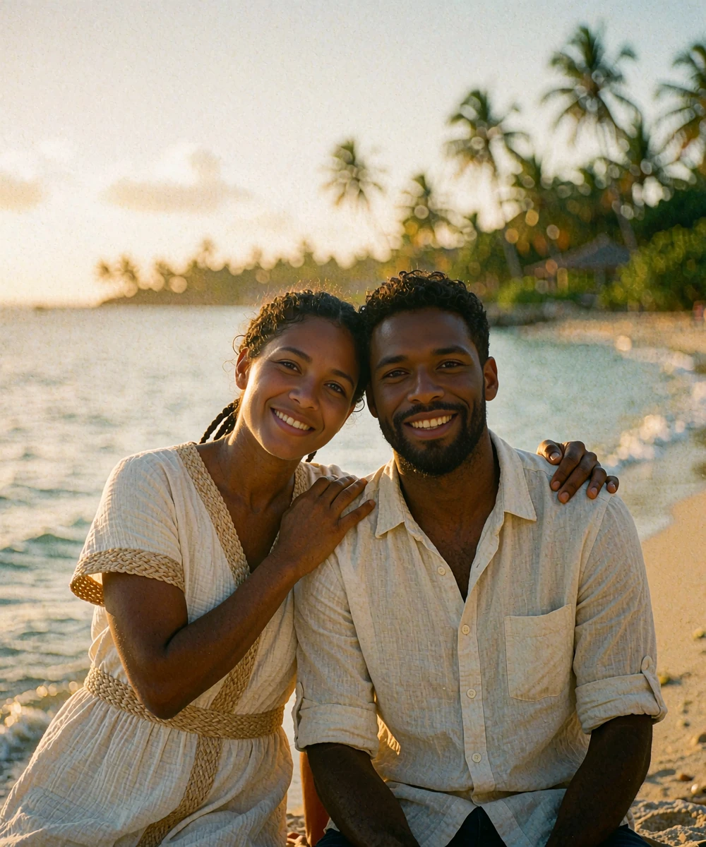 Timorese woman in a light woven-trimmed dress leaning against a Western man on a quiet shoreline path at golden hour