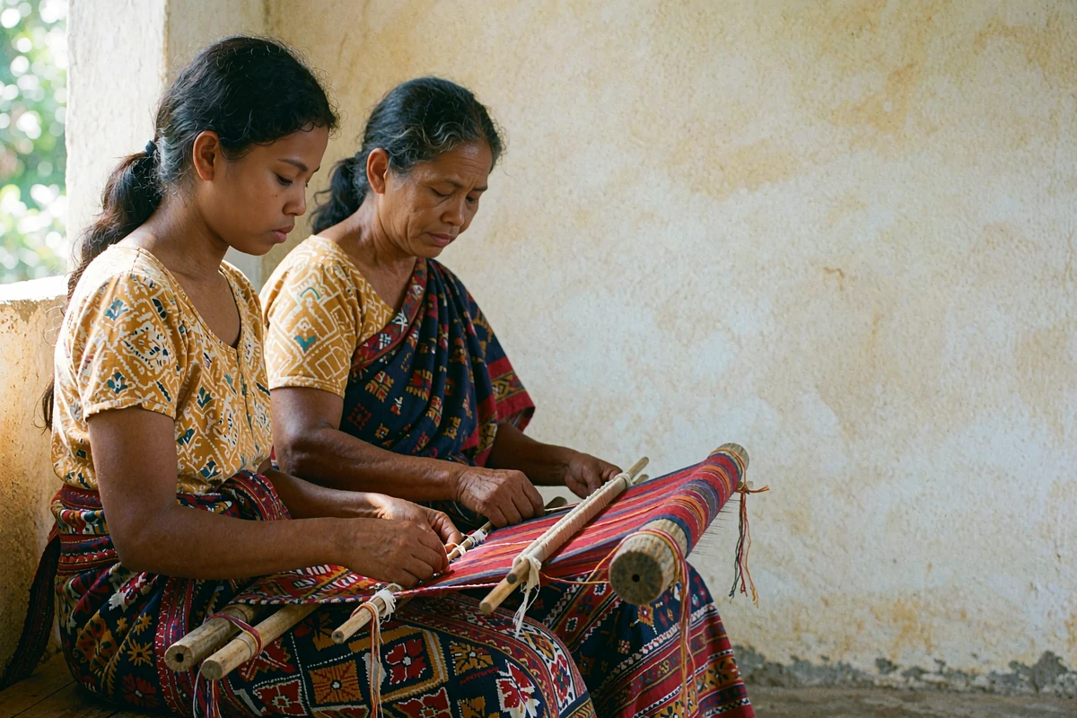 Two Timorese women weaving richly patterned tais cloth together on a shaded porch