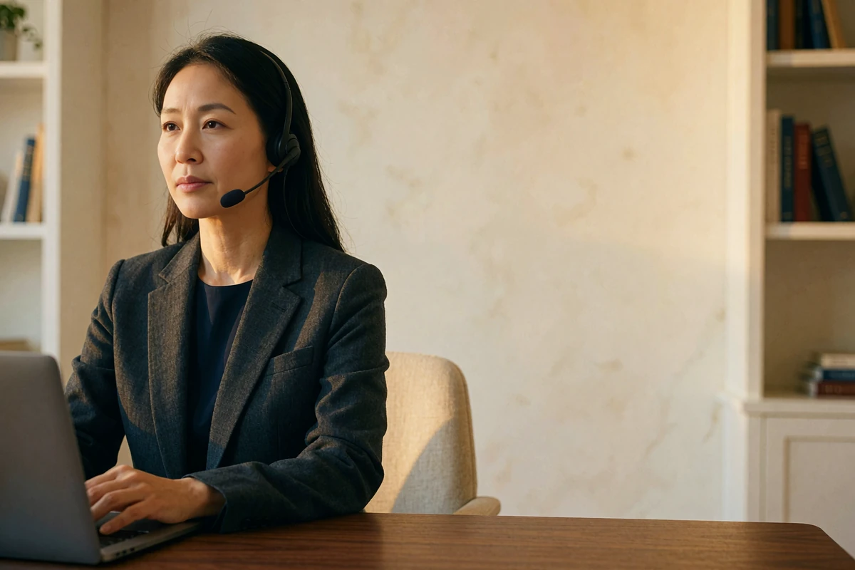 Composed Asian support specialist in a tailored blazer listening attentively at a desk in a quiet office