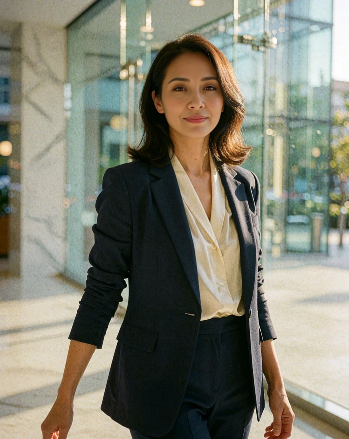 Indonesian woman in a tailored navy blazer standing in a bright modern office lobby in Jakarta