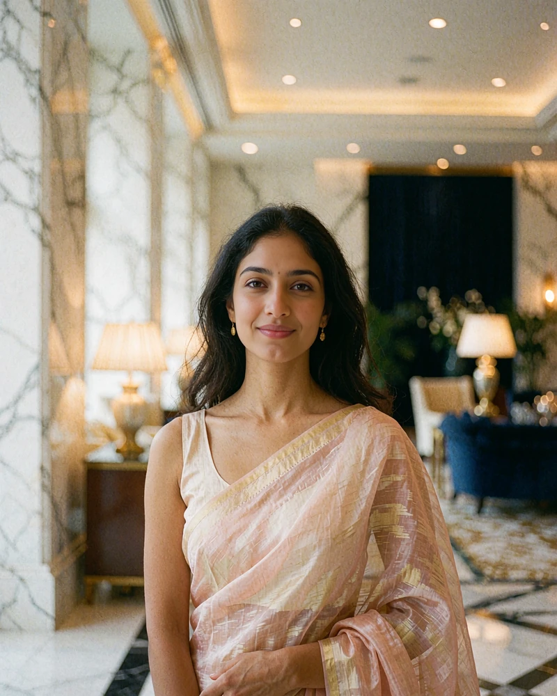 Indian woman in a blush silk sari with a gold border smiling in an upscale hotel lobby