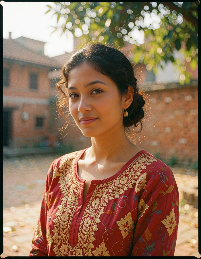 Nepali woman in a crimson kurta with gold embroidery smiling in a sunlit Kathmandu courtyard