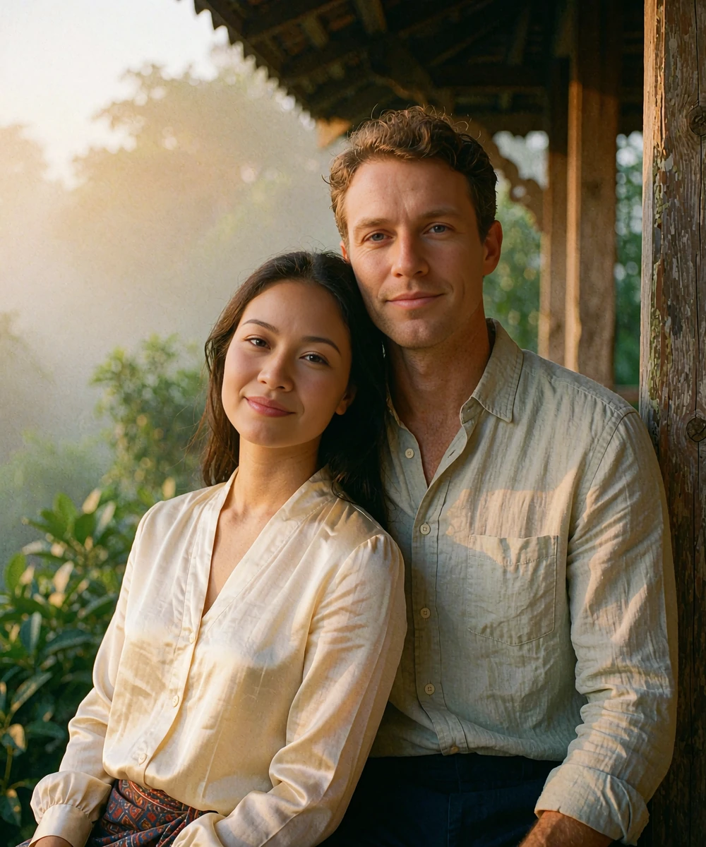 Laotian woman in a cream silk blouse leaning against a Western man on a wooden villa veranda in the morning