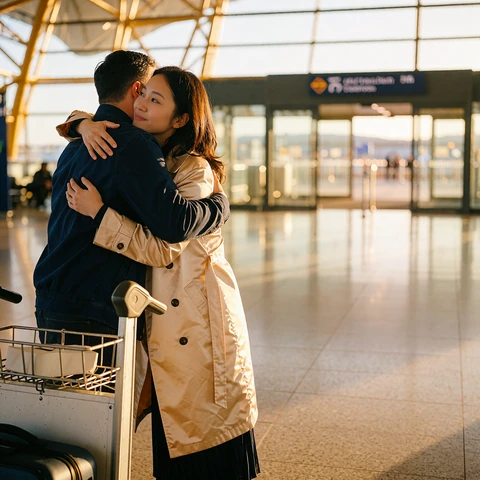 Asian woman in a travel coat embracing a man beside a luggage trolley in a bright arrivals hall
