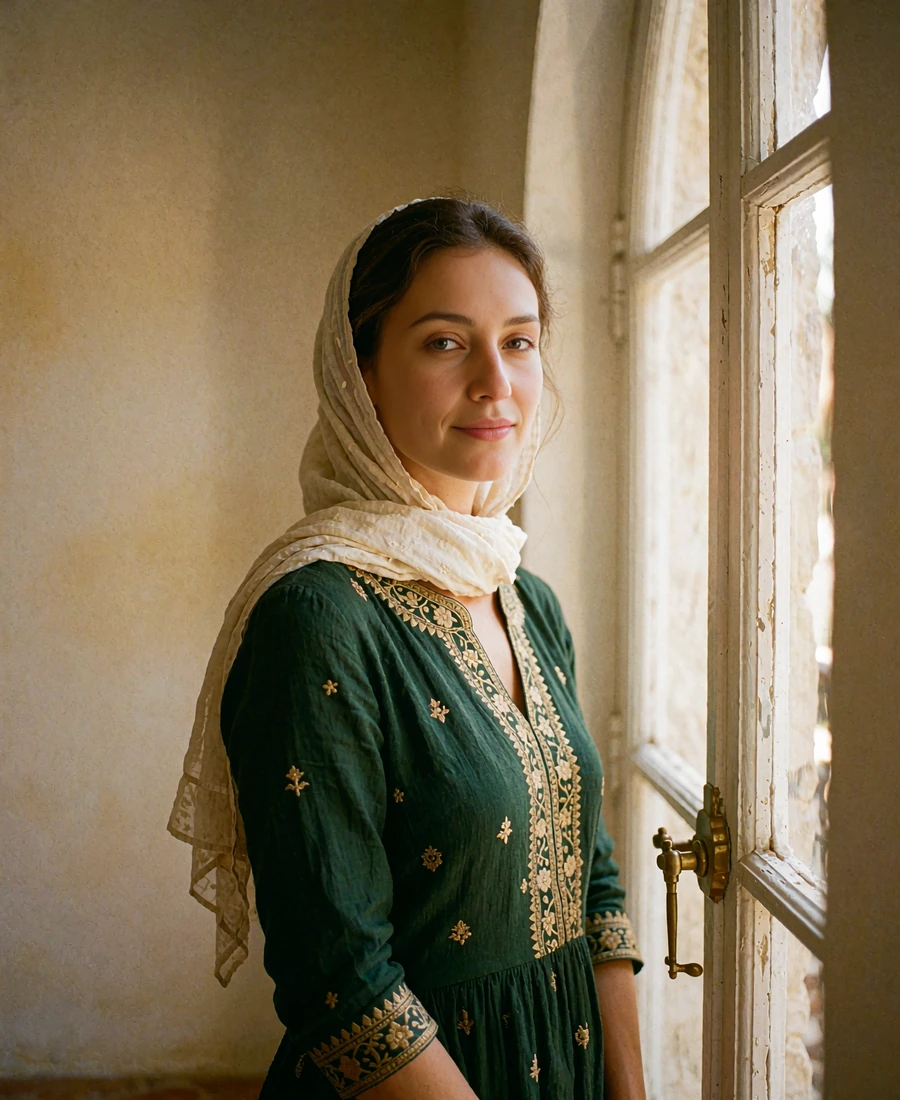 Afghan woman in a deep green embroidered dress standing beside a tall arched window in soft daylight