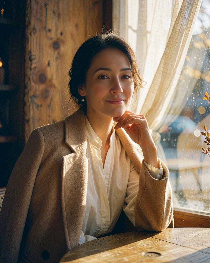 Kazakh woman in a camel coat seated at a sunlit café window table