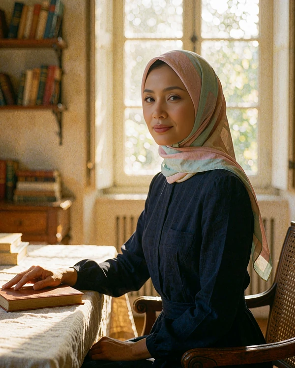 Bruneian woman in a navy dress with a pastel headscarf sitting in a warmly lit reading room