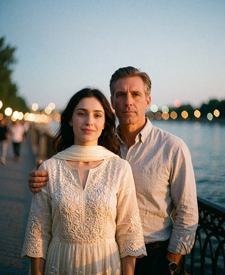 Afghan woman in a cream embroidered dress standing with a Western man on a quiet riverside promenade at evening