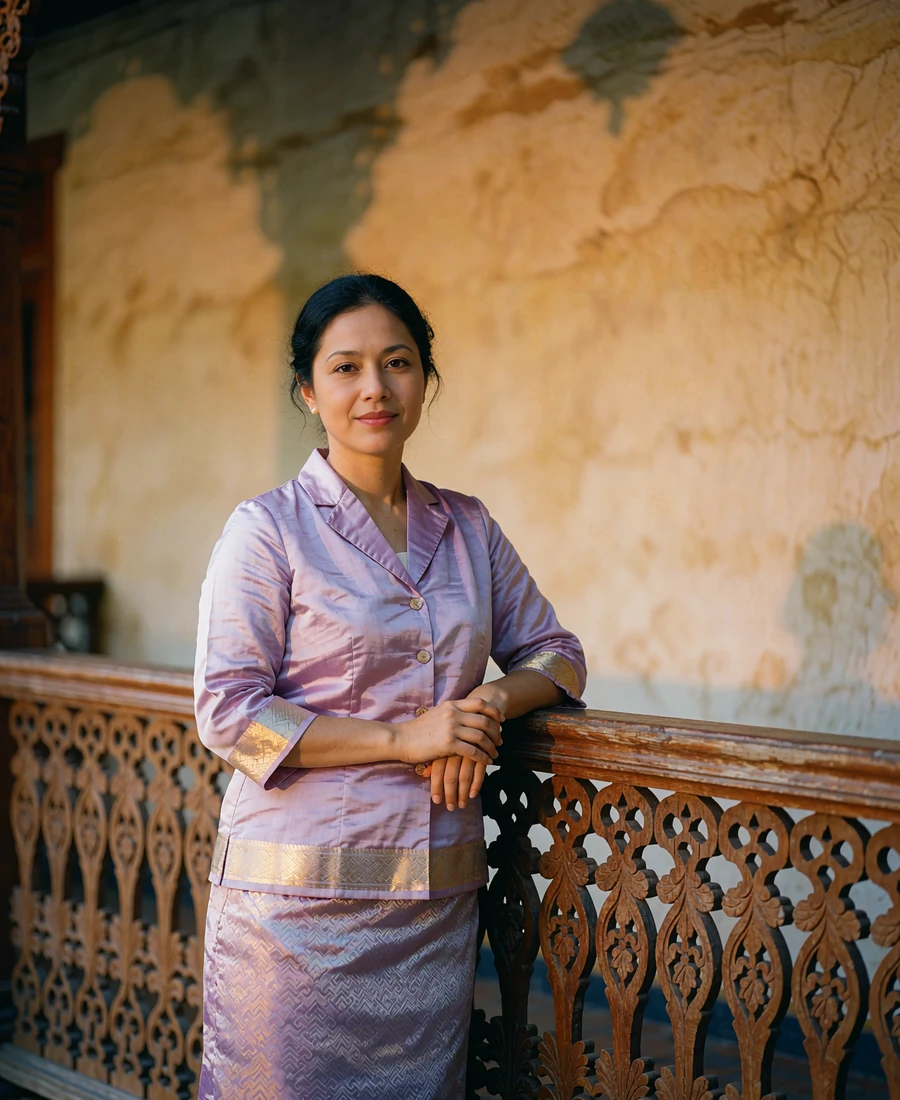 Laotian woman in a lavender silk blouse and gold-edged skirt standing beside a carved wooden veranda railing