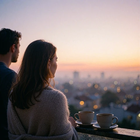Two coffee cups on a balcony ledge with a couple looking out over a hazy city at sunrise