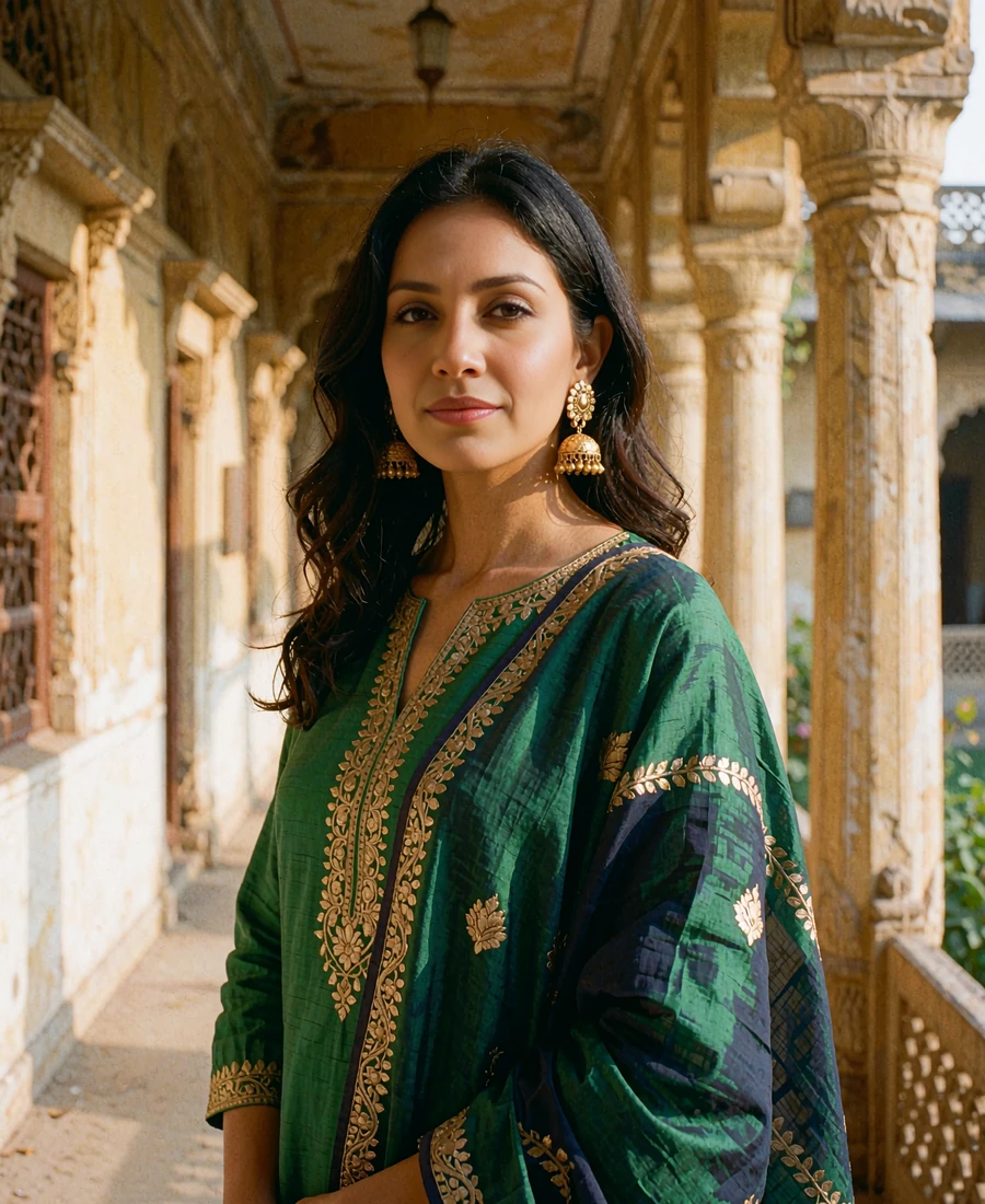 Pakistani woman in an emerald green embroidered kurta and gold jewellery in a sunlit sandstone colonnade
