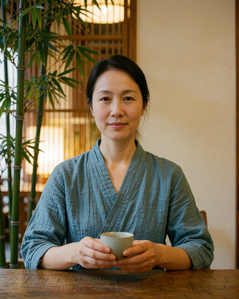 Taiwanese woman in a dusty blue wrap top seated at a low wooden table in a traditional tea house