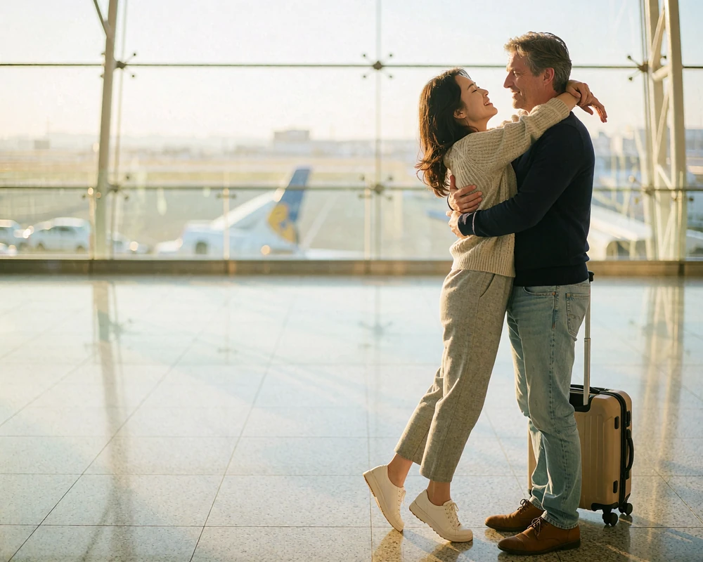 Korean woman embracing a Western man joyfully in a bright airport arrivals hall