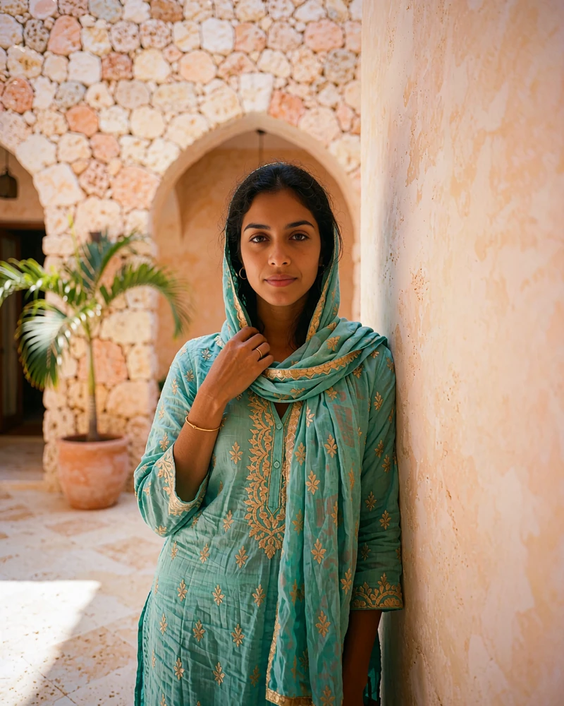Maldivian woman in a teal embroidered kurta standing in a shaded coral-stone courtyard of a boutique hotel