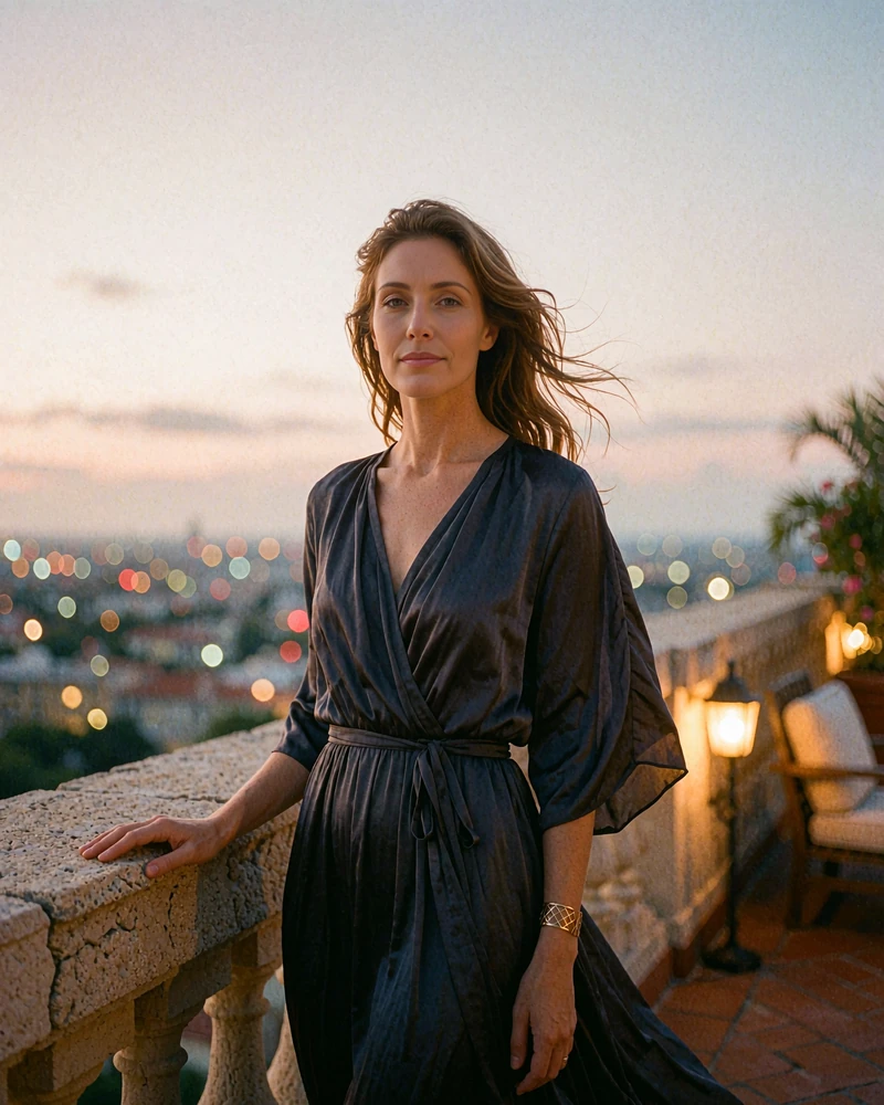 Kazakh woman in a flowing navy dress on a rooftop lounge overlooking the city at dusk