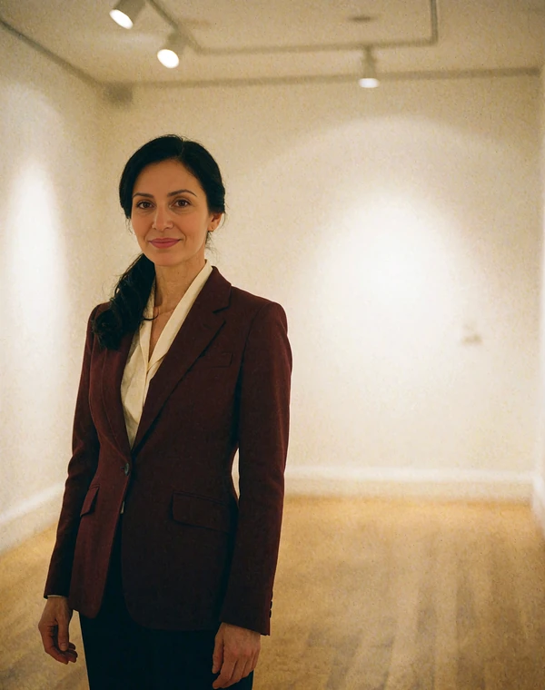 Armenian woman in a tailored burgundy blazer standing in an art gallery corridor