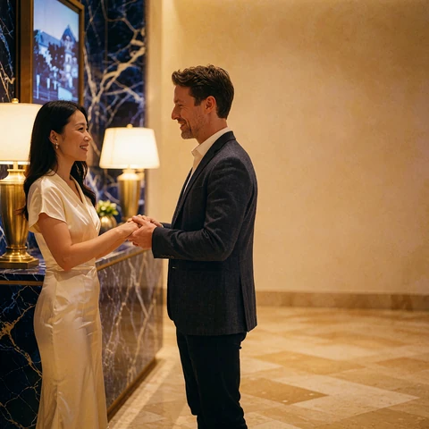 Asian woman in an ivory dress and a man in a dark blazer clasping hands in a hotel lobby