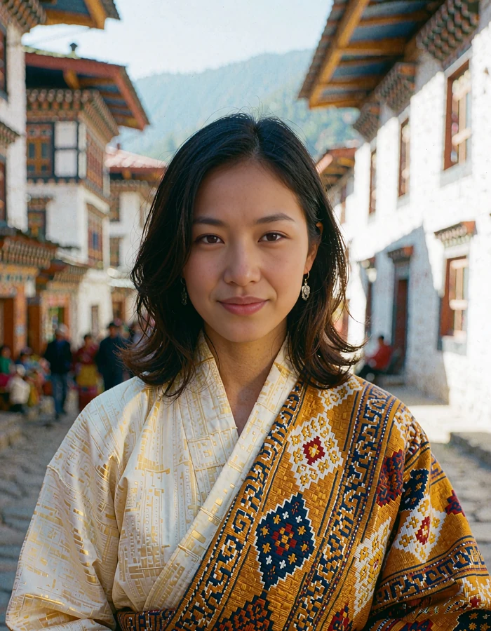 Bhutanese woman in a saffron woven kira and cream jacket smiling on a Thimphu street