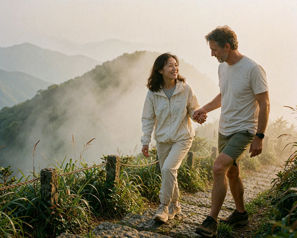 Taiwanese woman and Western man pausing together on a misty mountain trail