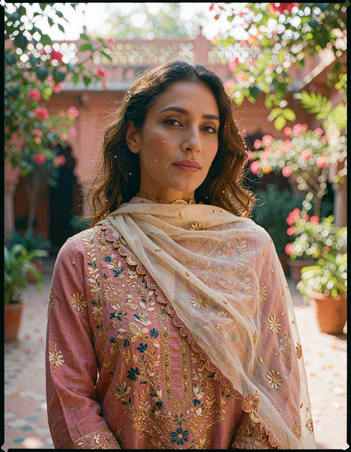 Pakistani woman in a dusty rose embroidered kameez smiling in a sunlit Lahore courtyard garden