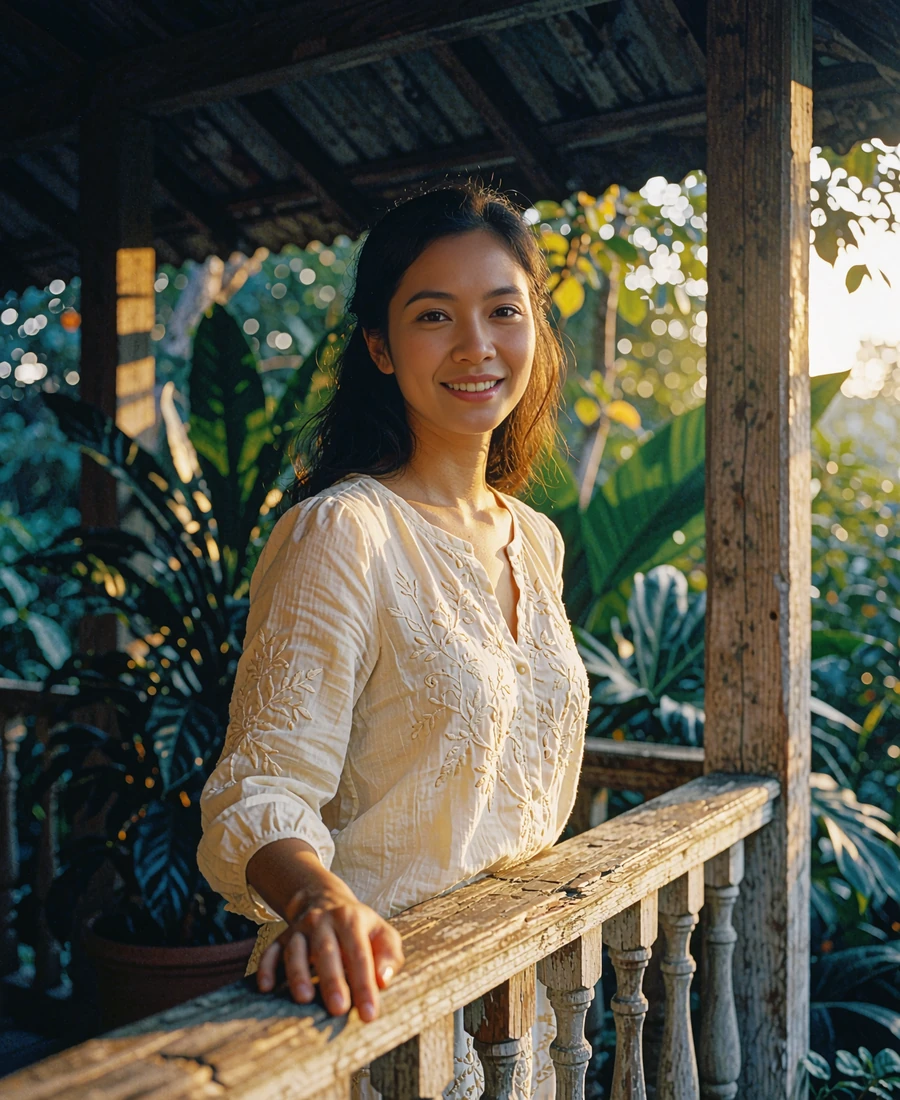 Filipina woman in a soft ivory embroidered blouse standing on a wooden colonial veranda surrounded by tropical greenery