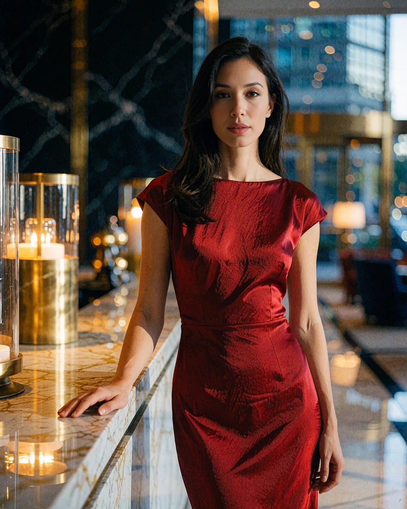 Vietnamese woman in a deep red silk dress standing in a modern hotel lobby in Ho Chi Minh City at night