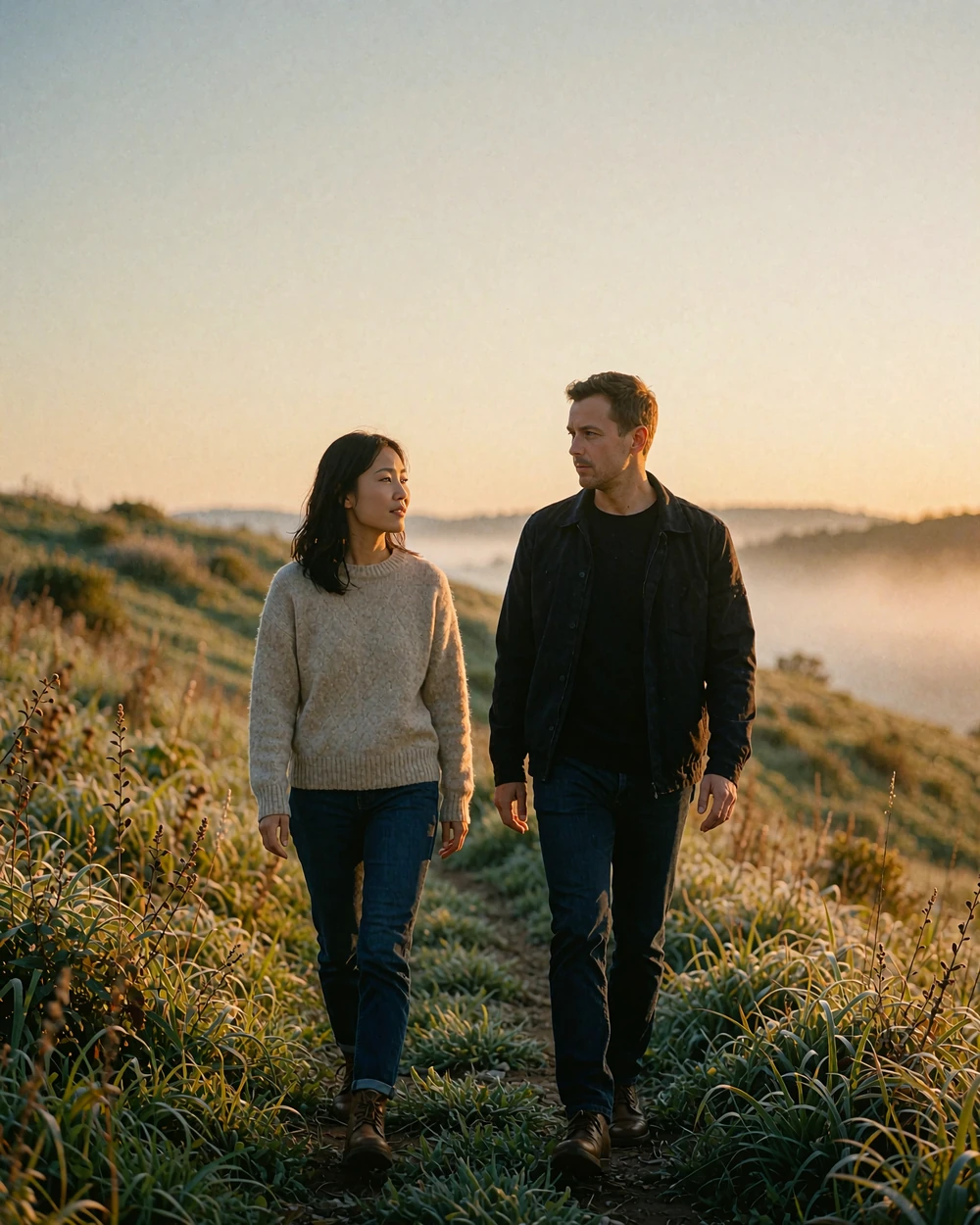 Asian woman in an oatmeal sweater walking beside a man along a grassy hillside path at sunrise, deep in quiet conversation